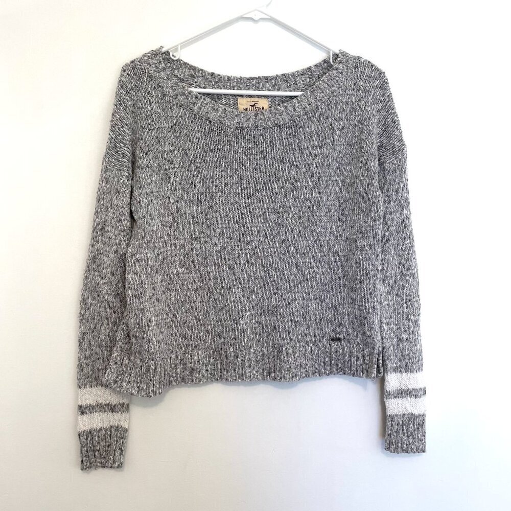 HOLLISTER Gray White Marled Varsity Stripe Cotton Blend Cropped Crop Sweater XS